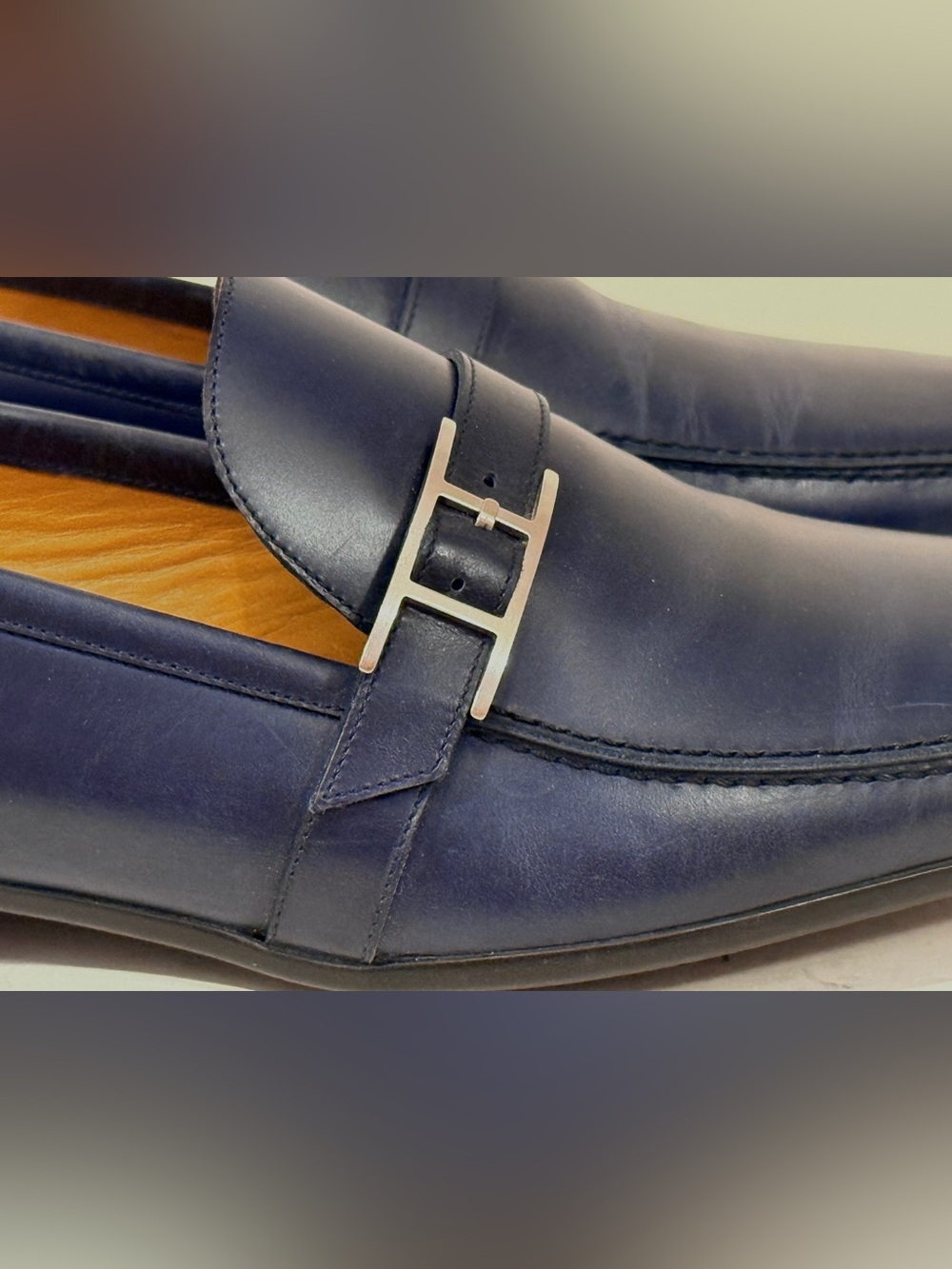 Hermès Men’s US 12 EU 45 Navy Blue Leather H Buckle Loafers NEW Box Dust Bag - Picture 5 of 10